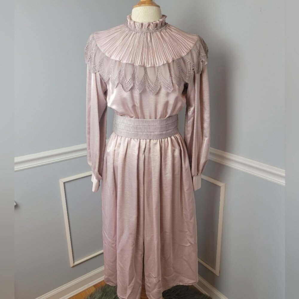 DONNA MORGAN Victorian Coquette Ruffle Lace Long‎ Sleeve 80s Midi Formal Dress 8